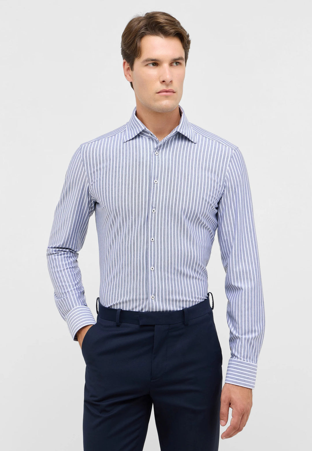 Eterna Slim Fit Japanese Knit Stripe with One Piece Collar: Grey Blue