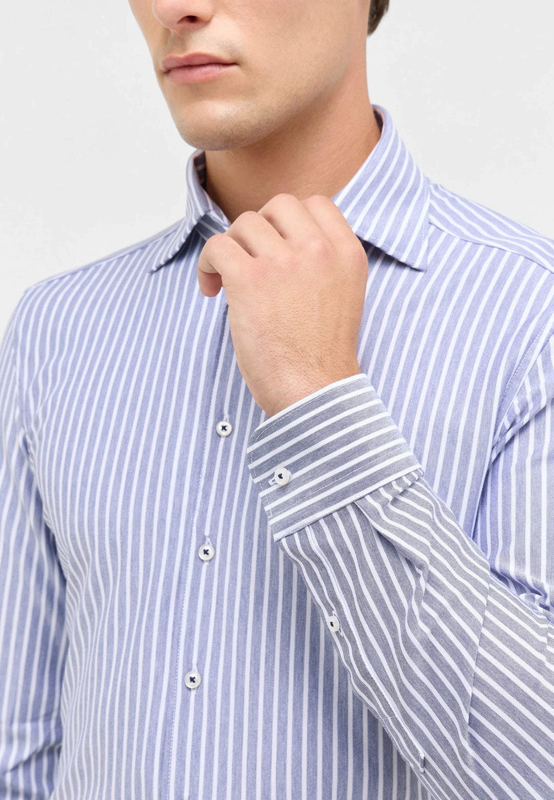 Eterna Slim Fit Japanese Knit Stripe with One Piece Collar: Grey Blue