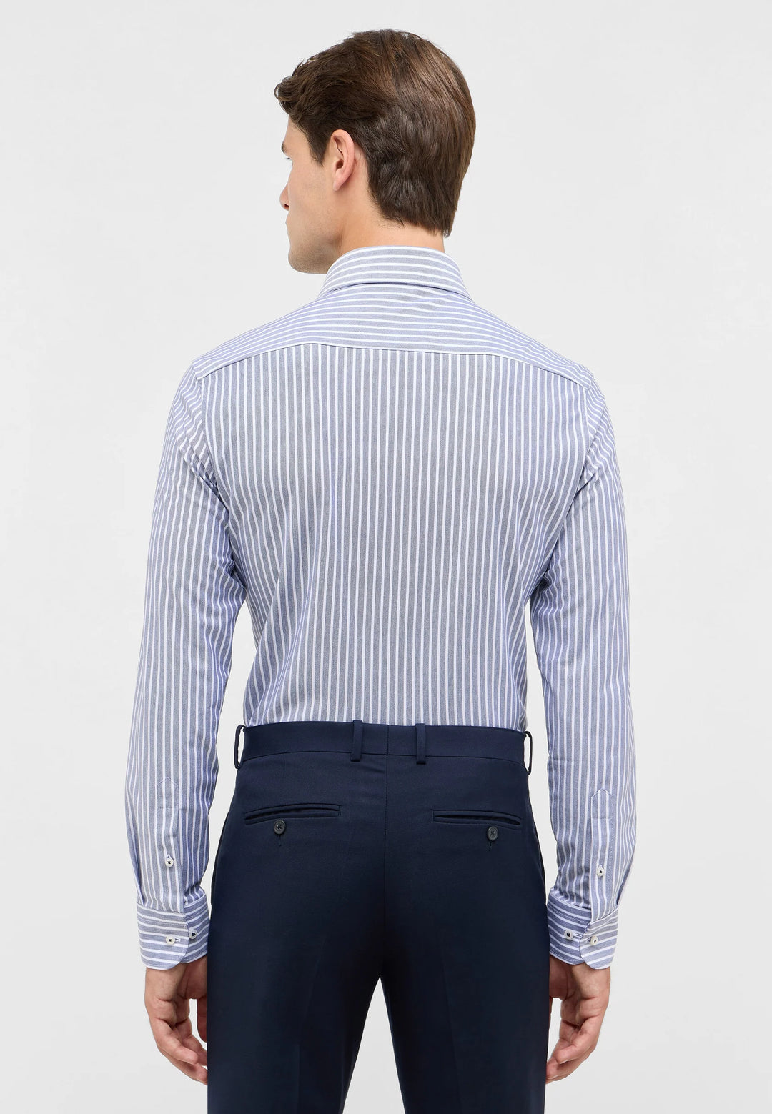 Eterna Slim Fit Japanese Knit Stripe with One Piece Collar: Grey Blue