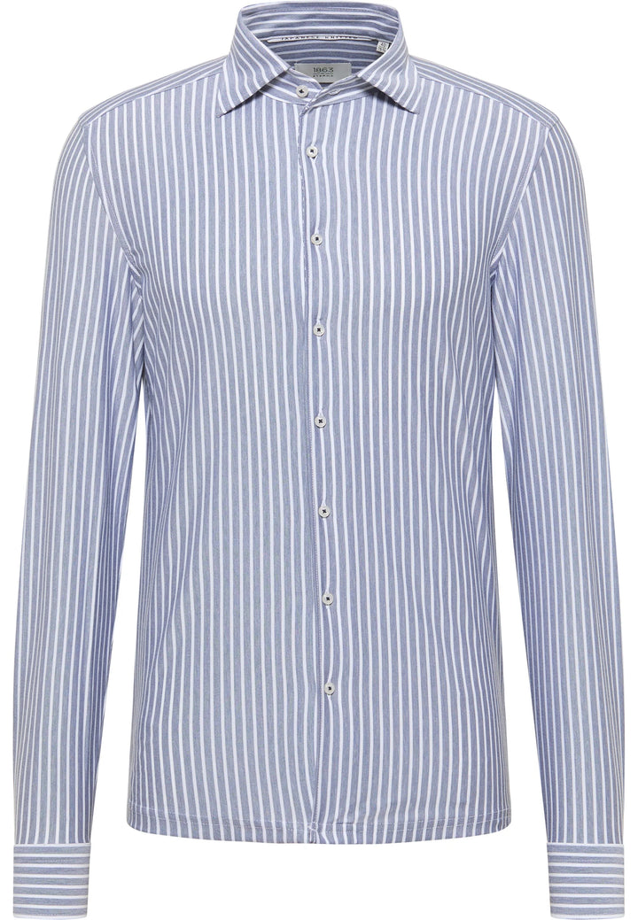 Eterna Slim Fit Japanese Knit Stripe with One Piece Collar: Grey Blue