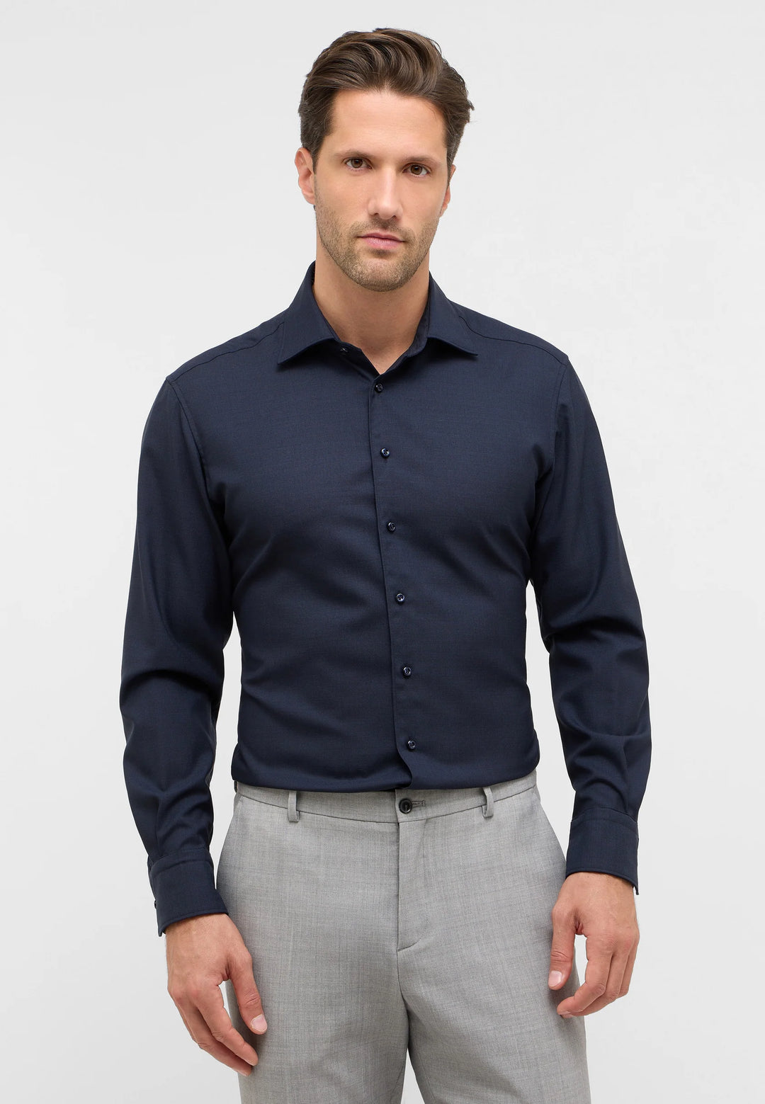 Eterna Fine Merino Wool Solid Modern Fit w/ Kent Collar: Blue Grey