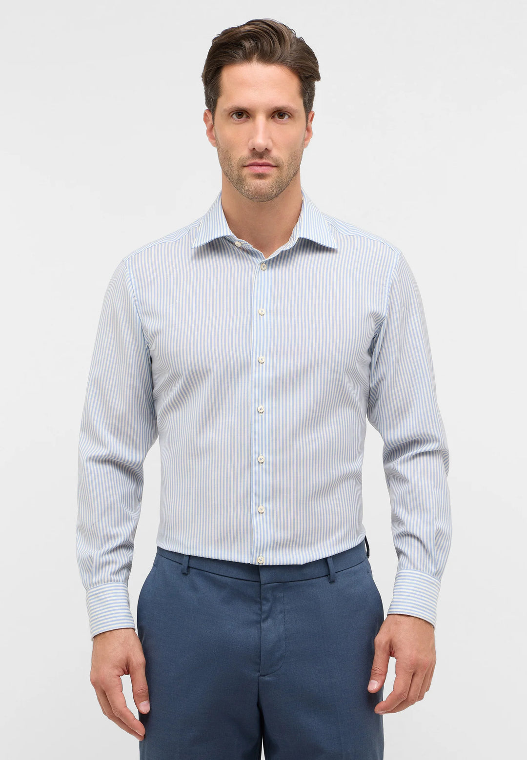 Eterna Modern Fit Fine Merino Stripe with Kent Collar: Light Blue