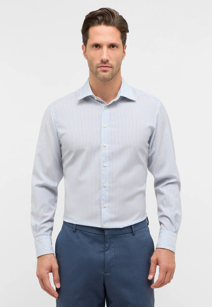 Eterna Modern Fit Fine Merino Stripe with Kent Collar: Light Blue