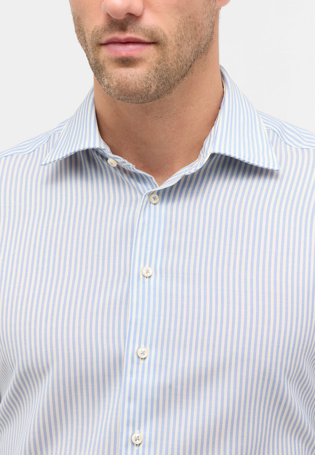 Eterna Modern Fit Fine Merino Stripe with Kent Collar: Light Blue