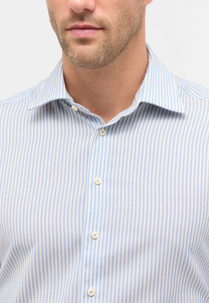 Eterna Modern Fit Fine Merino Stripe with Kent Collar: Light Blue