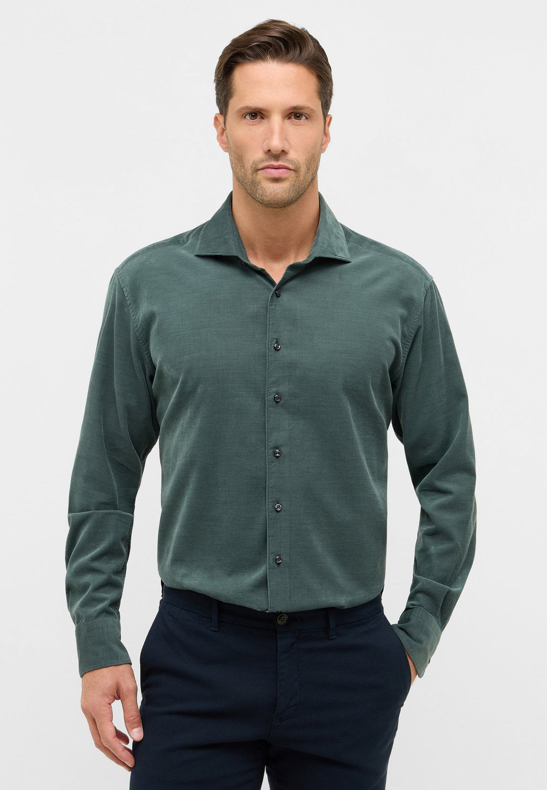 Eterna Soft Tailoring Micro Cord Modern Fit w/ Cutaway Collar: Dark Green