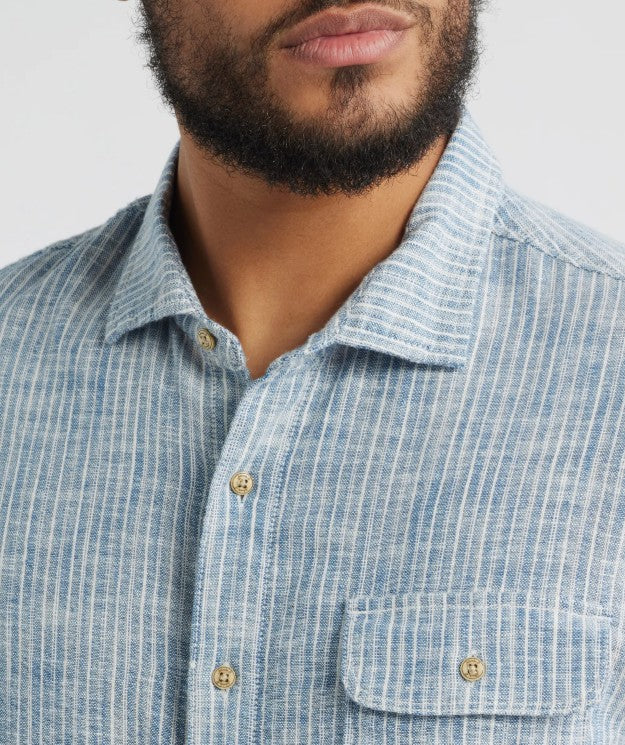 Johnnie-O Ennis Hangin' Out Stripe Short Sleeve Stretch Cotton Button-Up Shirt: Indigo