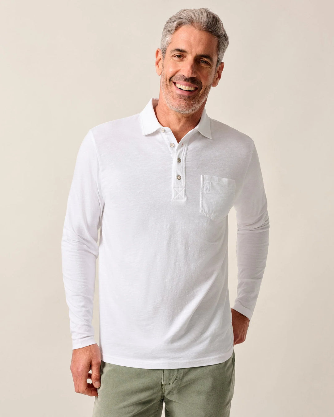 Johnnie-O Long Sleeve Original 4-Button Coastal Wash Polo: White