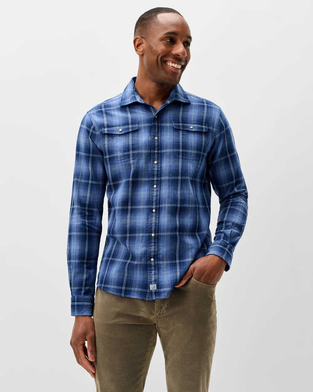 Johnnie-O Snap Button Down: Indigo Plaid