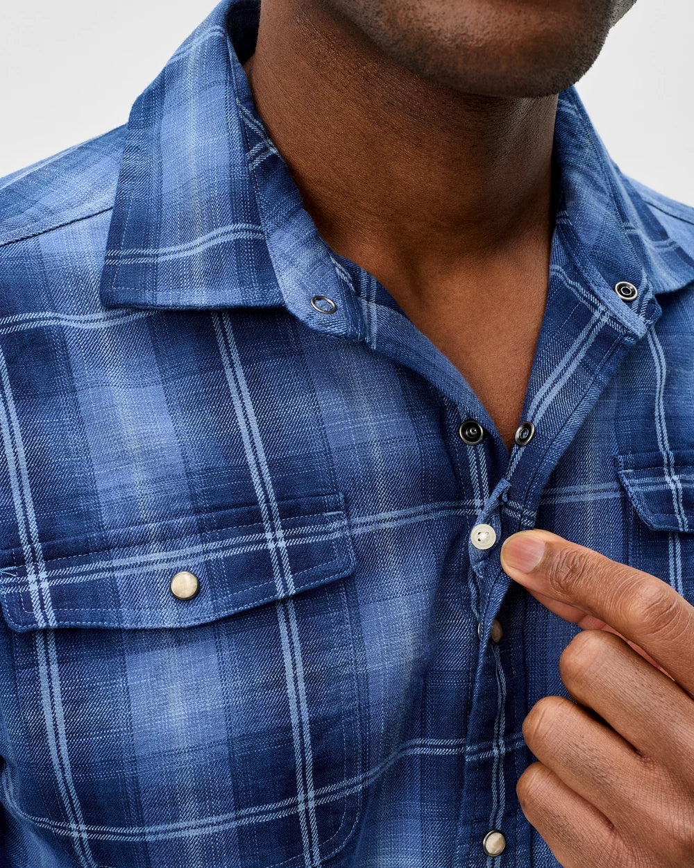 Johnnie-O Snap Button Down: Indigo Plaid