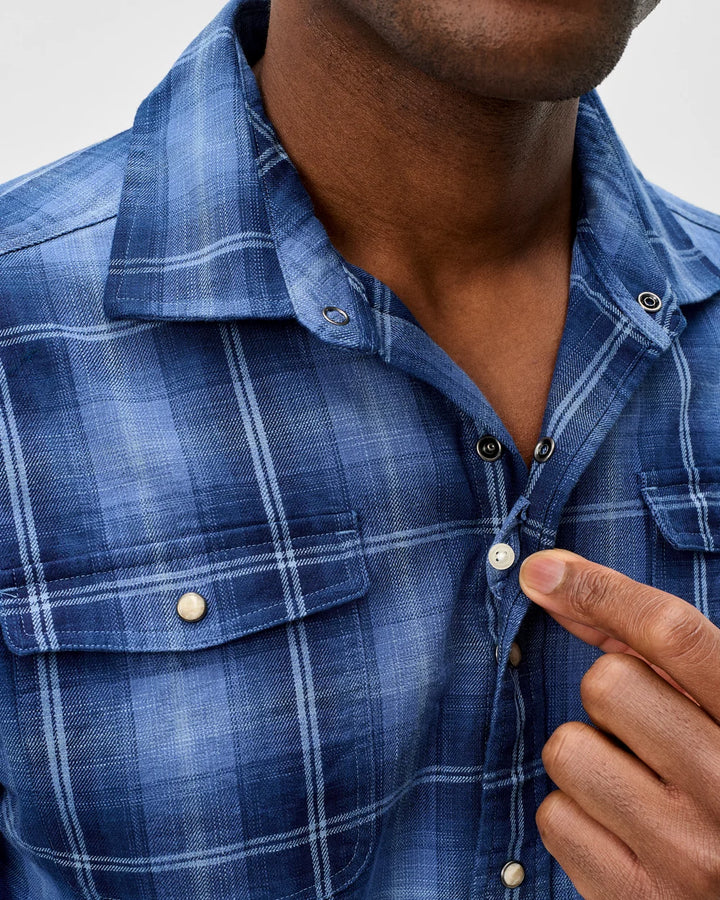 Johnnie-O Snap Button Down: Indigo Plaid