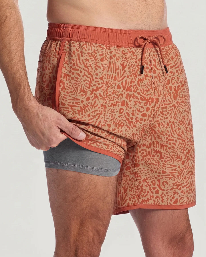 Free Fly Men's Lined Downshore Trunk: Drifter Print Red Clay