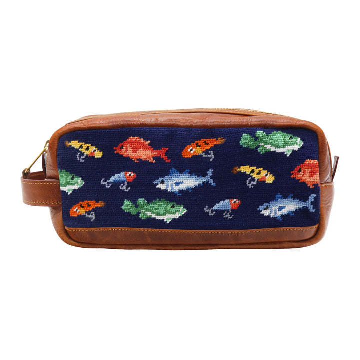 Smathers and Branson Needlepoint Toiletry Bag: Fish and Tackle (Dark Navy)