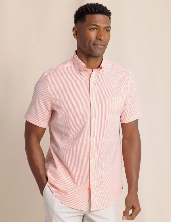 Southern Tide Folly Field Stripe Seersucker Short Sleeve Sport Shirt: Celosia Orange