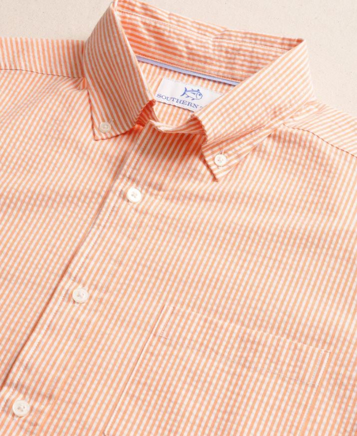 Southern Tide Folly Field Stripe Seersucker Short Sleeve Sport Shirt: Celosia Orange