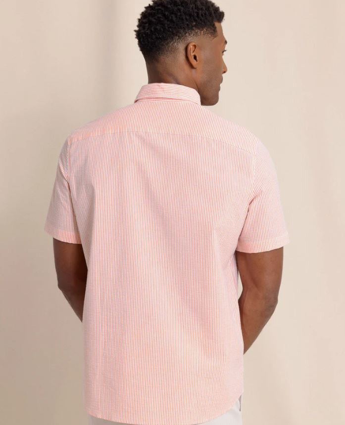 Southern Tide Folly Field Stripe Seersucker Short Sleeve Sport Shirt: Celosia Orange