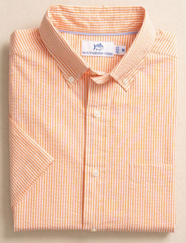 Southern Tide Folly Field Stripe Seersucker Short Sleeve Sport Shirt: Celosia Orange