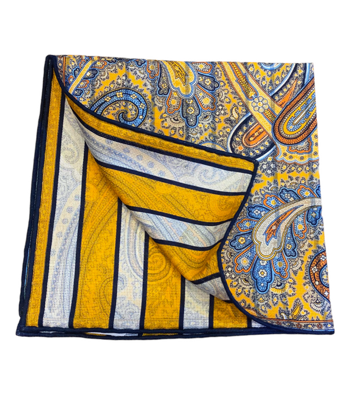 Seaward and Stearn Gold and Blue Compact Paisley Pocket Square