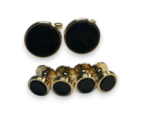 Bob Goodman Round Gold Tone Concentric Rings Blk Onyx Center Stud Set