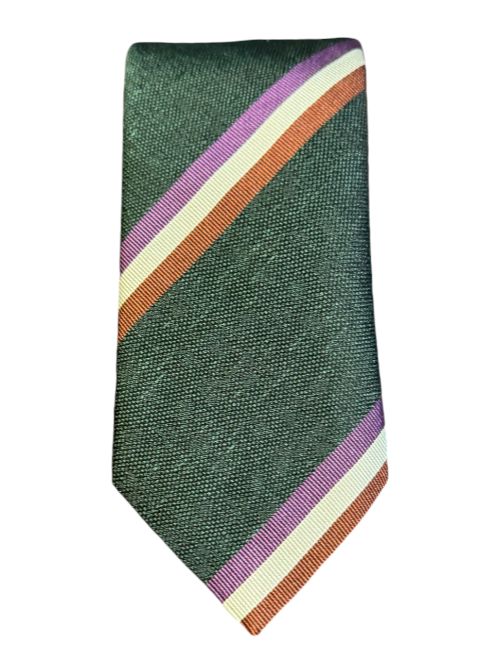 Seaward and Stearn Silk Bold Stripe Tie: Green with Rust/White/Purple