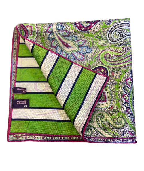 Seaward and Stearn Green and Berry Compact Paisley Pocket Square