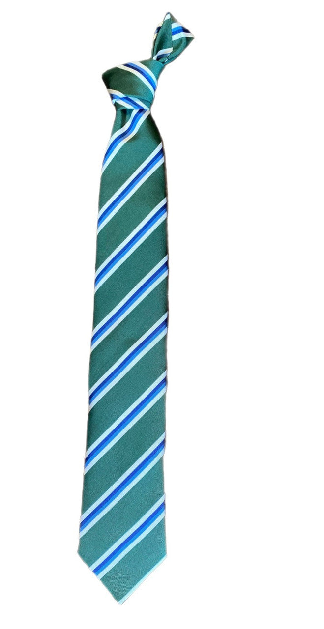 Seaward and Stearn Green Tie with Blue and White Stripe