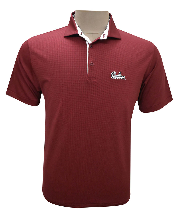 Horn Legend University of South Carolina Houndstooth Garnet/Black Polo: Carolina Script