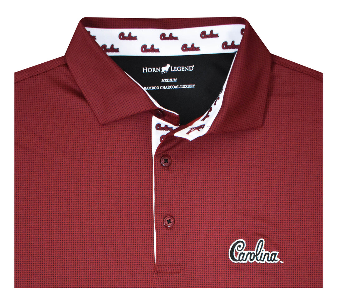 Horn Legend University of South Carolina Houndstooth Garnet/Black Polo: Carolina Script