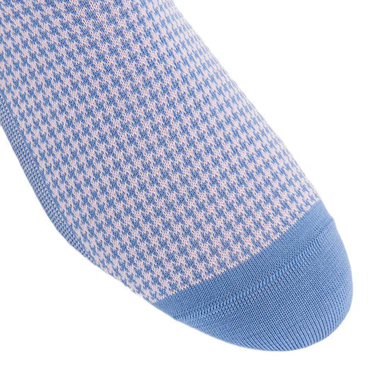 Dapper Classics Azure Blue with Pink Houndstooth Mid-Calf Cotton Sock