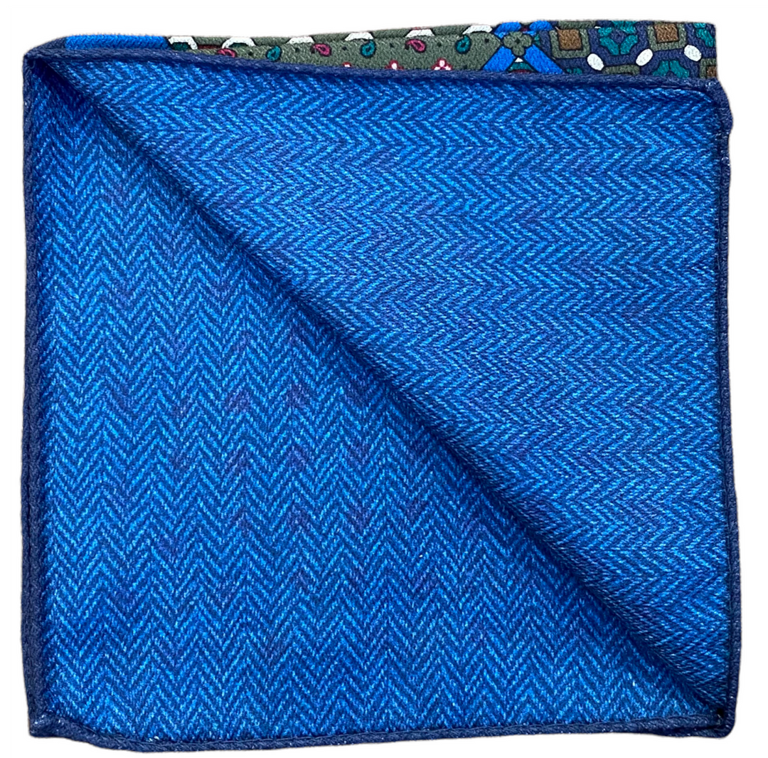 R Hanauer Reversible Patchwork Herringbone Pocket Square: Blue