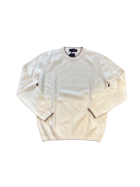 Seaward and Stearn Merino Wool Crew Neck in Ivory with Plum Trim