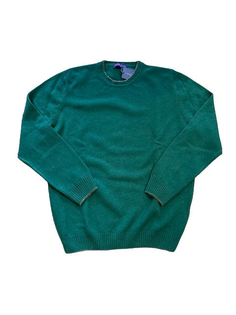 Seaward and Stearn Merino Wool Crew Neck in Green with Tan  Trim