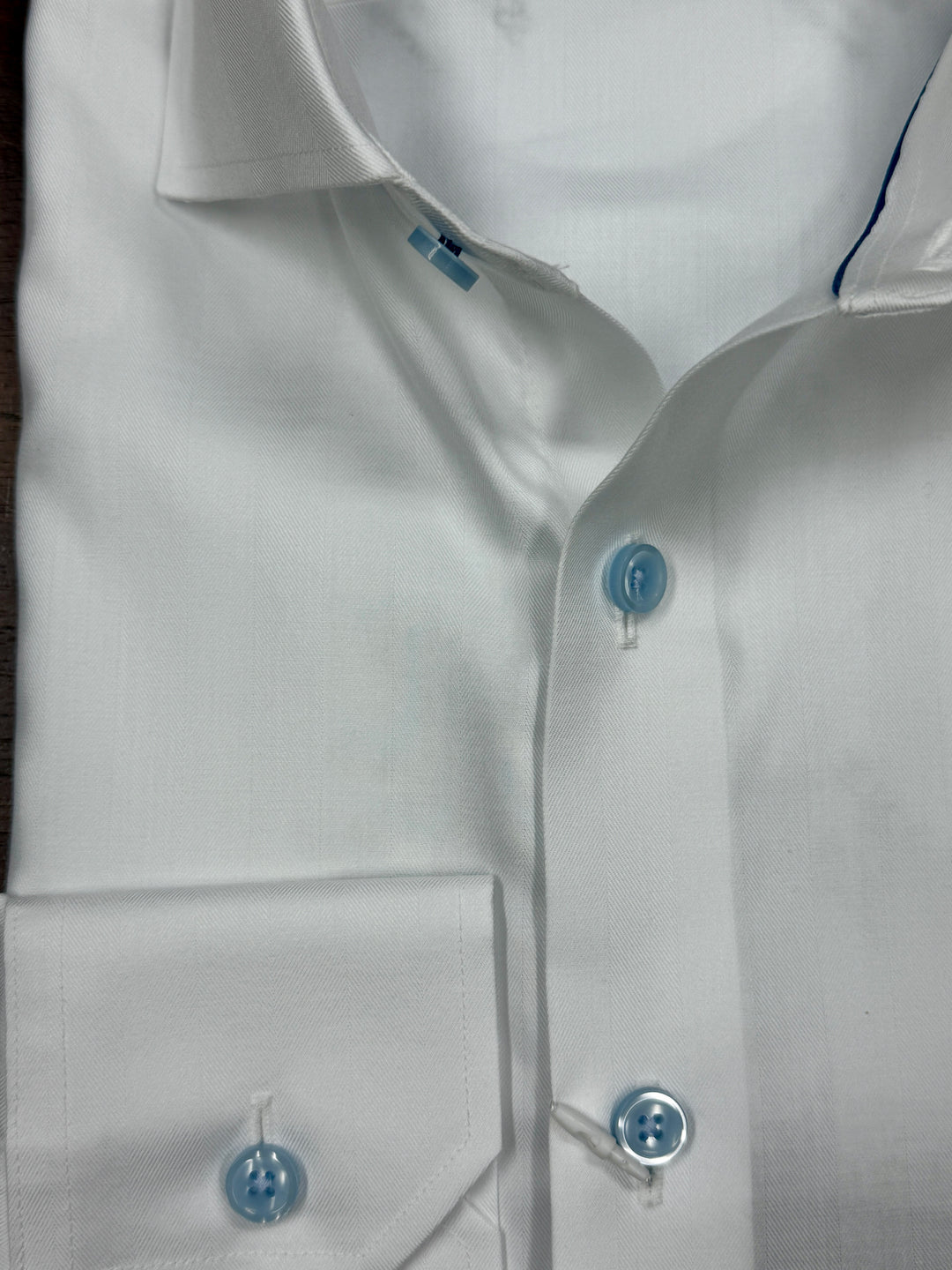 Stantt Ready To Wear White Herringbone Dress Shirt with Light Blue Button: Cutaway Spread Collar