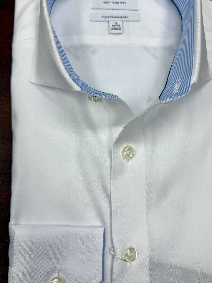 Stantt Ready To Wear White Herringbone Dress Shirt with Light Blue Stripe: Cutaway Spread Collar