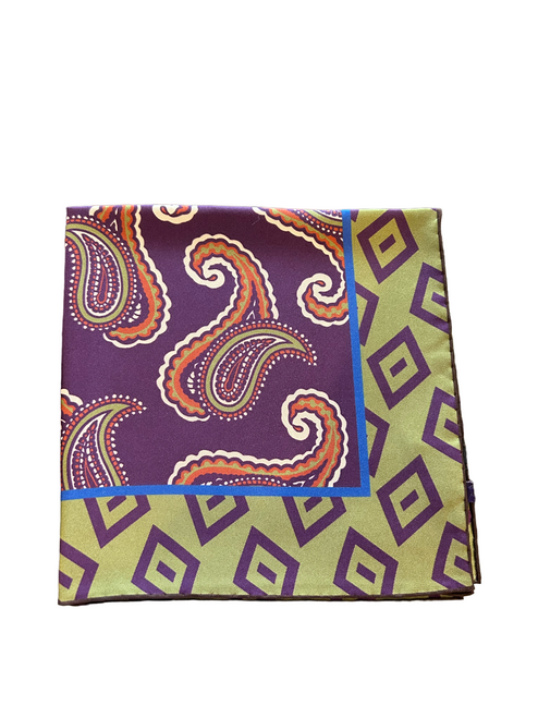 Seaward and Stearn Purple/Green Paisley Pocket Square