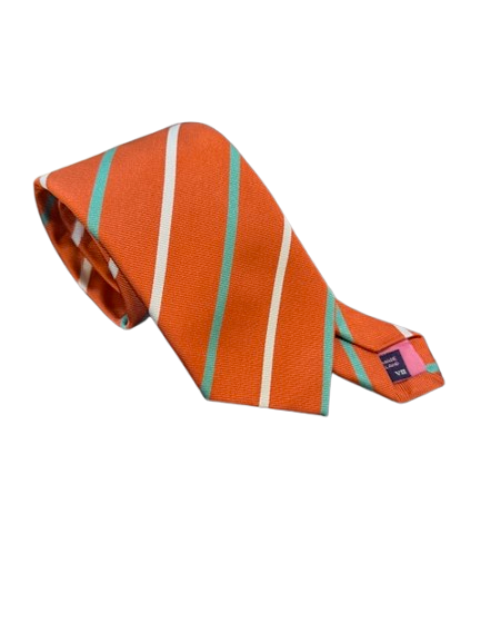 Seaward and Stearn Tie: Coral with Teal and White Stripes