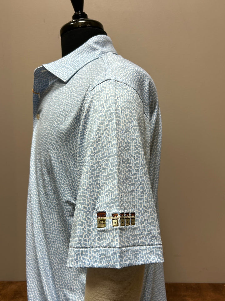 Peter Millar Oyster Shooter Performance Jersey Polo "Lake Murray Dam Towers": White