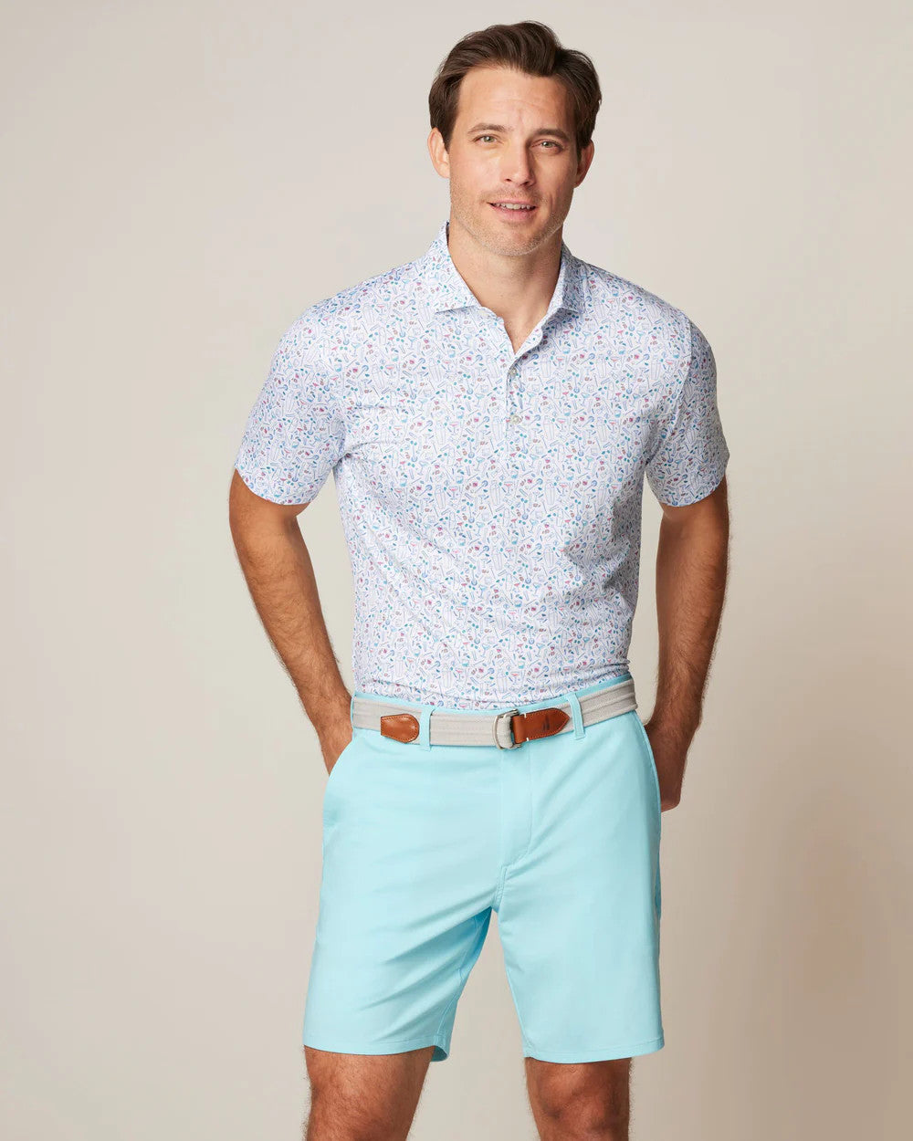 Johnnie-O Cocktail Chemistry Printed Jersey Performance Polo: White