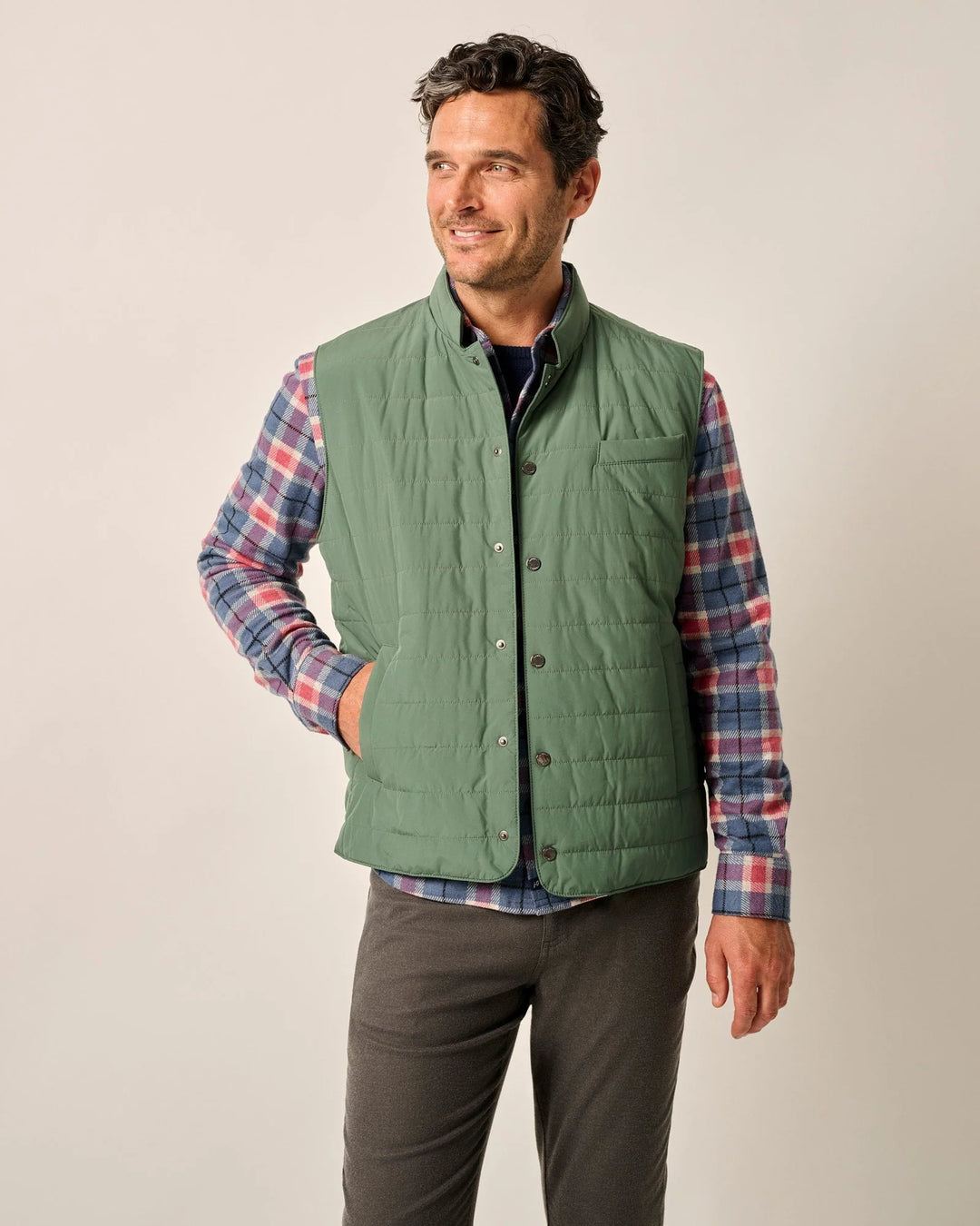 Johnnie-O Juno Apo Quilted Button Up Vest: Sage