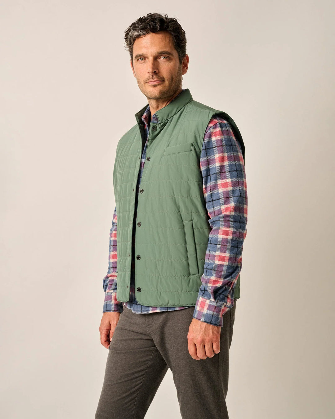 Johnnie-O Juno Apo Quilted Button Up Vest: Sage