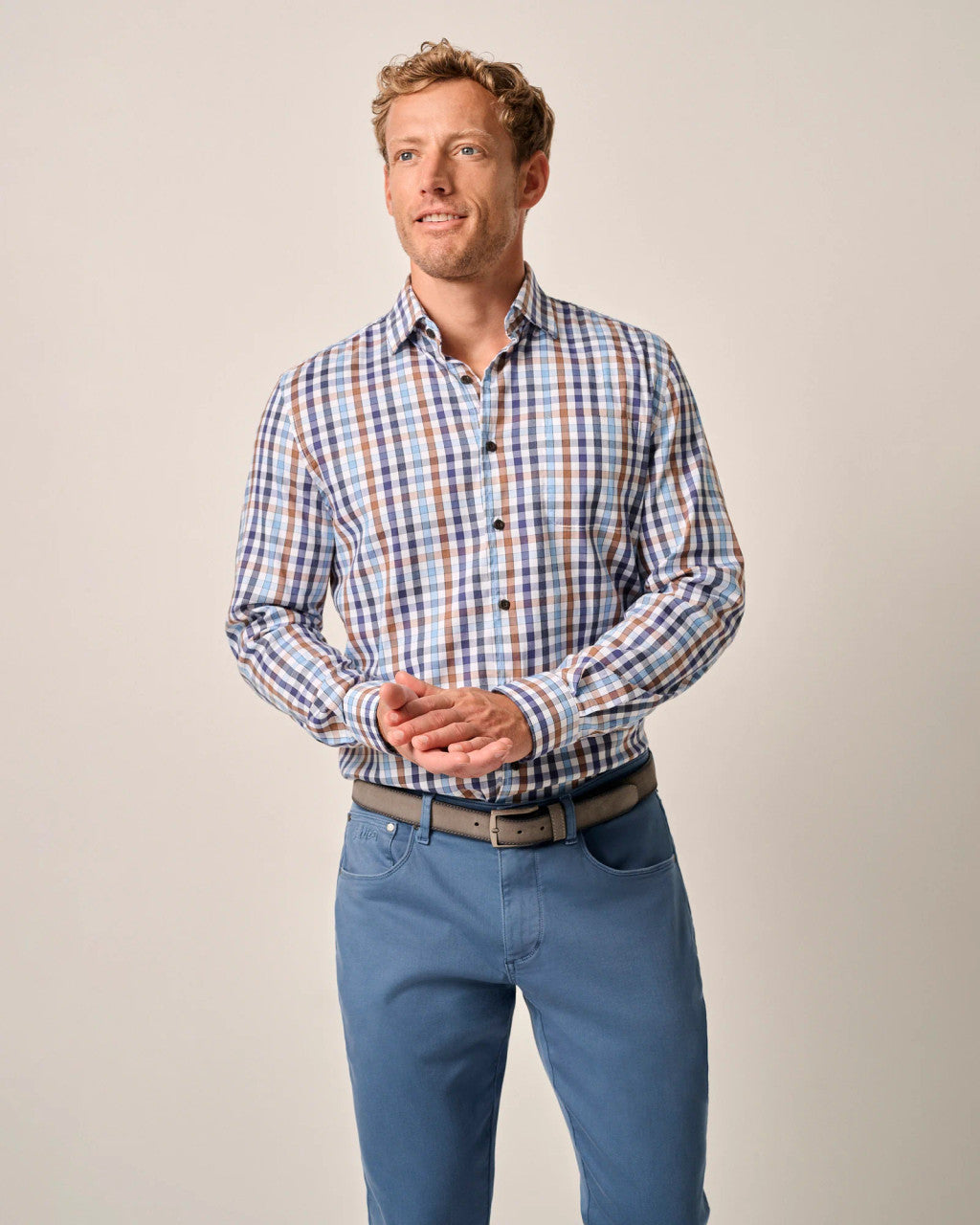 Johnnie-O Tucked Cotton Blend Button Up Shirt - Dartmouth: Laguna Blue