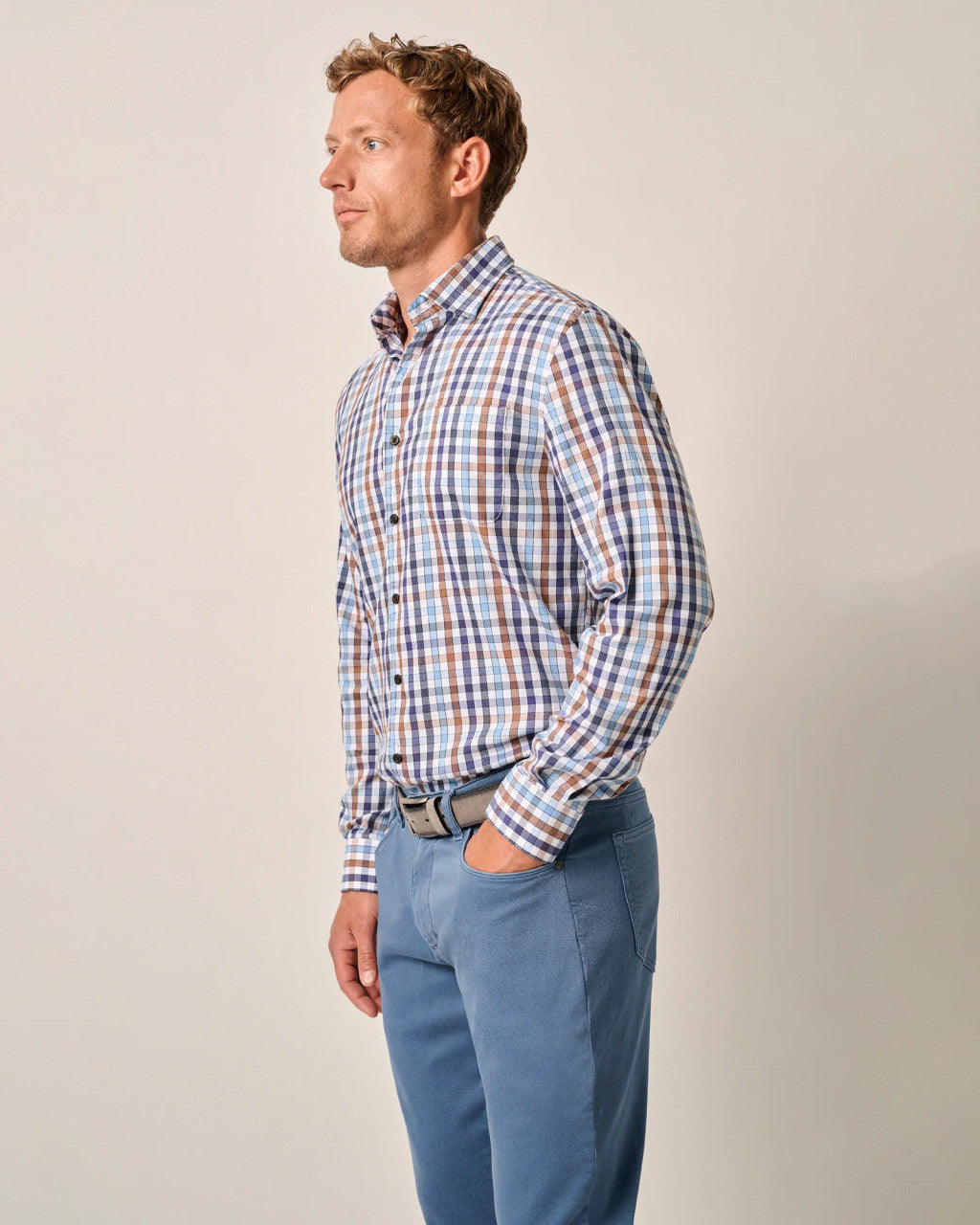 Johnnie-O Tucked Cotton Blend Button Up Shirt - Dartmouth: Laguna Blue