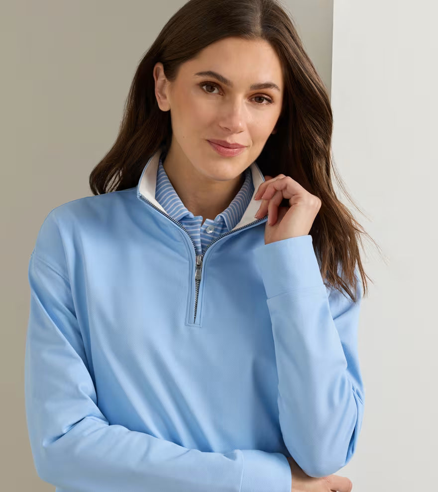 Peter Millar Coolspun Lite Cotton Quarter-Zip Pullover: Cottage Blue / Soft White