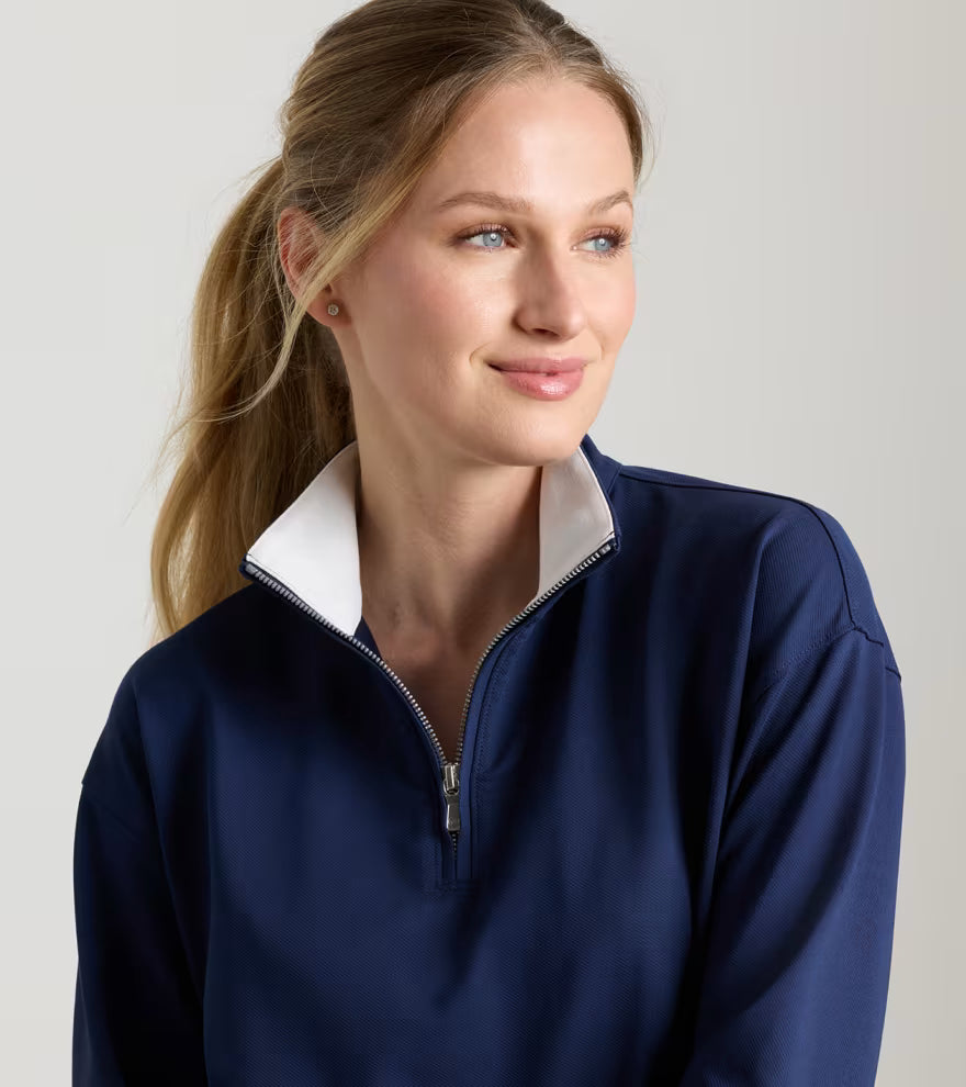 Peter Millar Coolspun Lite Cotton Quarter-Zip Pullover: Navy / Soft White