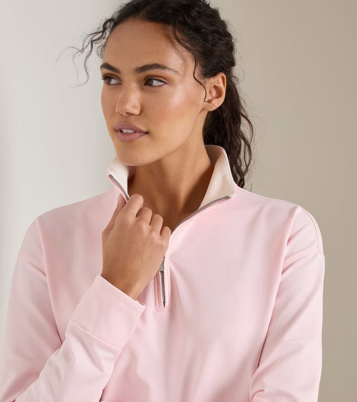 Peter Millar Coolspun Lite Cotton Quarter-Zip Pullover: Pearl Pink / Soft White