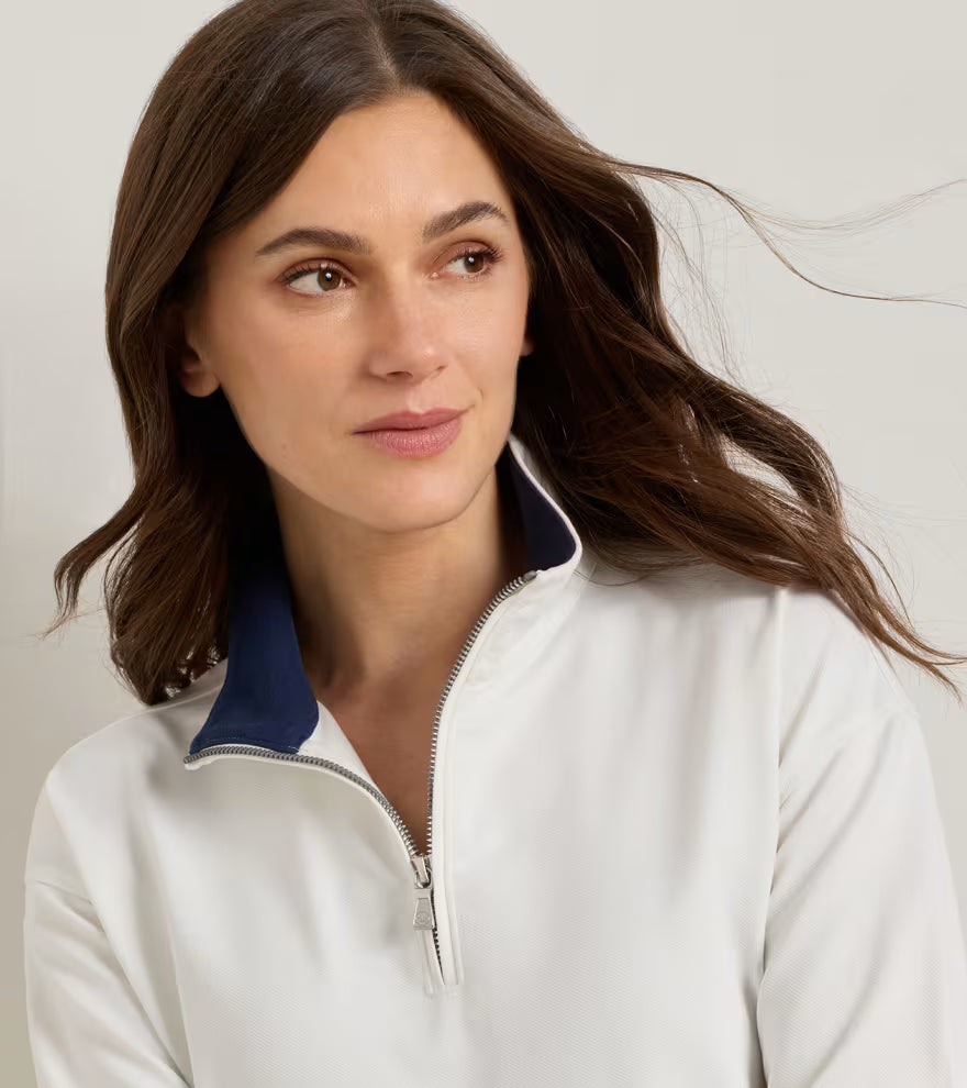 Peter Millar Coolspun Lite Cotton Quarter-Zip Pullover: Soft White / Navy