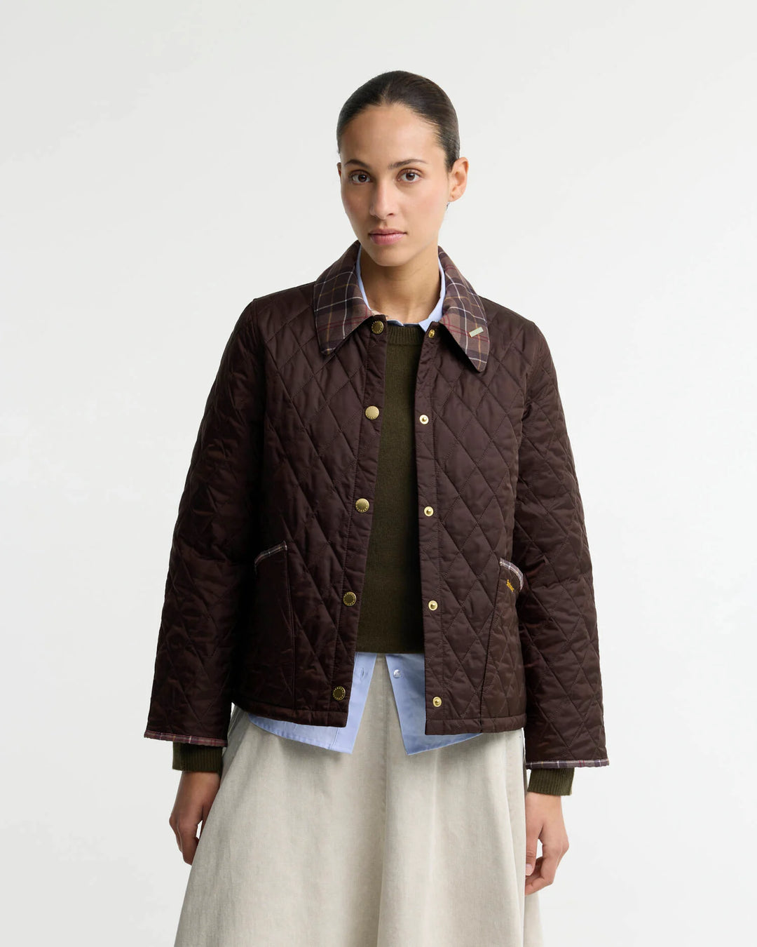 Barbour Icons Tartan Collar Cropped Liddesdale Quilted Jacket: Rustic/Muted