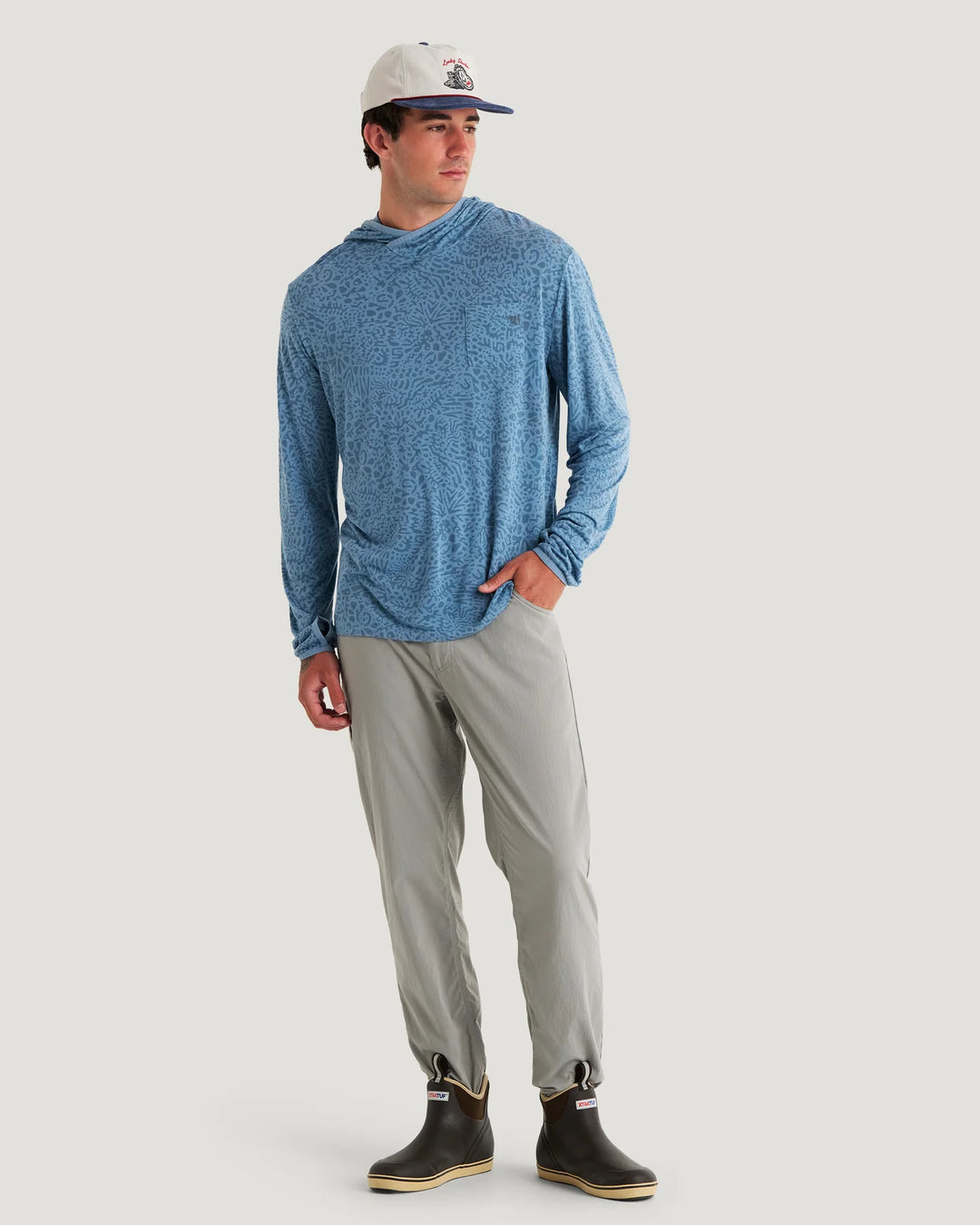 Free Fly Men's Bamboo Lightweight Hoodie: Drifter Print - Windward Blue