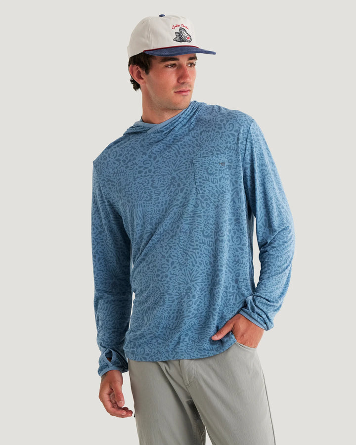Free Fly Men's Bamboo Lightweight Hoodie: Drifter Print - Windward Blue