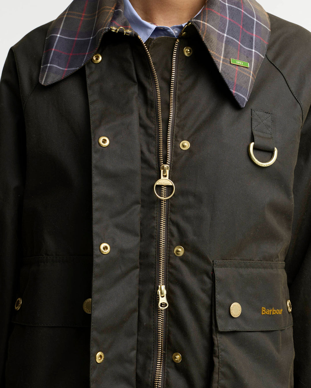 Barbour Icons Tartan Collar Spey Waxed Jacket: Olive/Classic